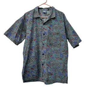 Vintage 90s Shah Safari Colorful Graphic Art Print Button Down Casual Shirt M